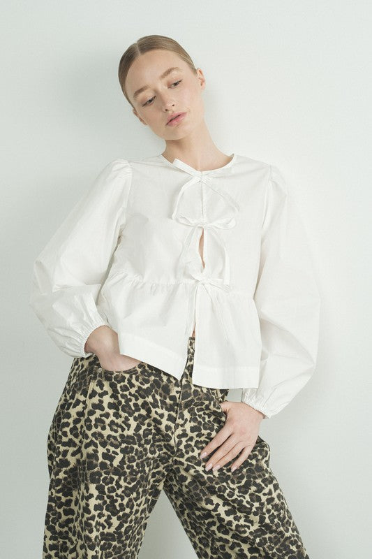 Long Sleeve Tie Front Top- White