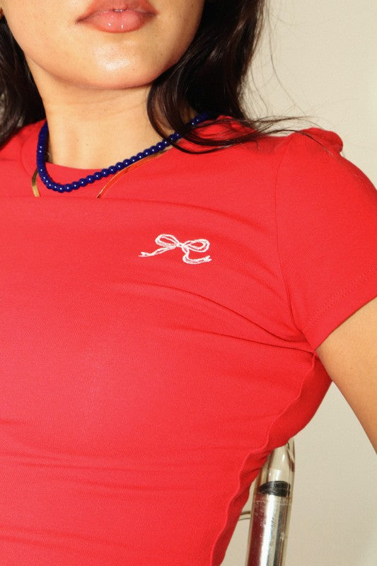 Embroidered Ribbon Tee- Red
