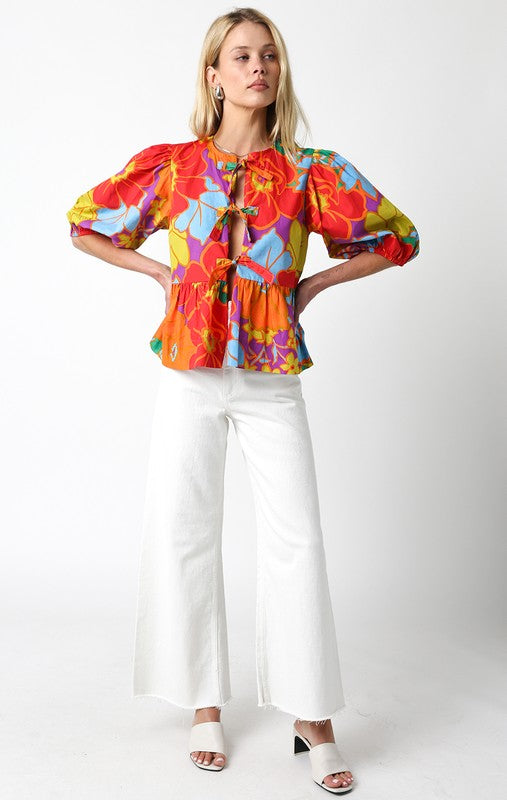 Multi Color Tie Front Top