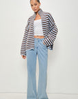 Striped Mocked Neck Zip Up Sweater