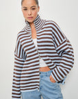 Striped Mocked Neck Zip Up Sweater