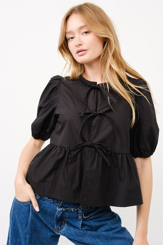 Maxwell Tie Front Top- Black