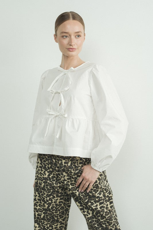 Long Sleeve Tie Front Top- White